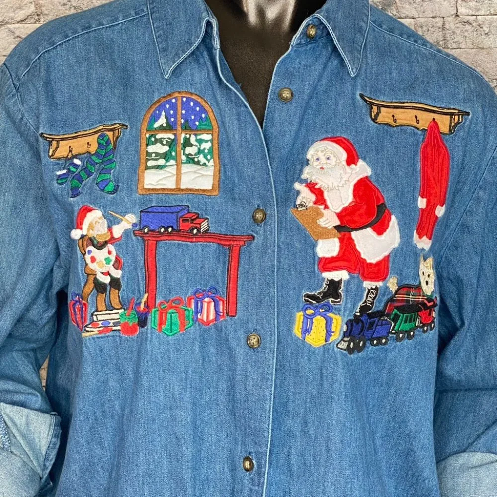 Karen Scott Denim Christmas Shirt Size Large Holiday Embroidery Button Down - Picture 2 of 8